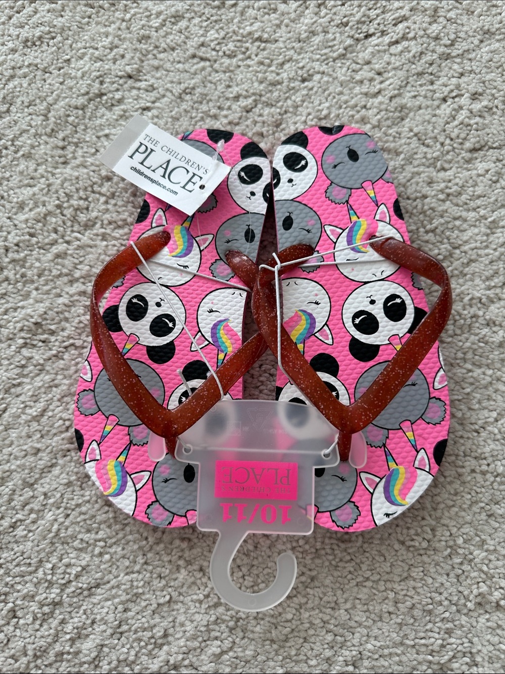 The Children's Place Pink Unicorn & Panda Flip Flops with Brown Glitter Straps